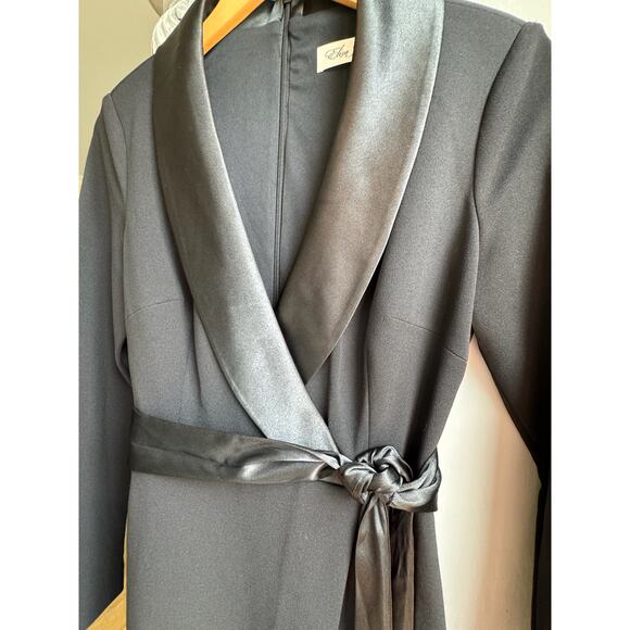 Eliza J Dress Sz 6 Black Satin Trim Wrap Evening Gown Long Sleeve Formal NWOT - Picture 11 of 16